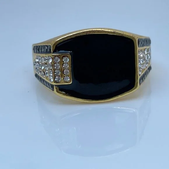 Men Ring Fashion Gold Tone Black Faux Stone Crystal Accent Men Jewelry Size 13 - Picture 3 of 11